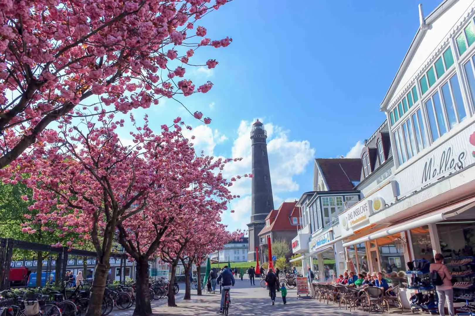 Rosa blühende Zierkirschen im Ortskern von Borkum, dahinter der Neue Leuchtturm, Cafés und Geschäfte an der Fußgängerzone.